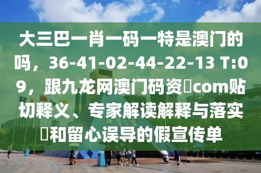 大三巴一肖一碼一特是澳門的嗎，36-41-02-44-22-13 T:09，跟九龍網(wǎng)澳門碼資枓com貼切釋義、專家解讀解釋與落實(shí)?和留心誤導(dǎo)的假宣傳單